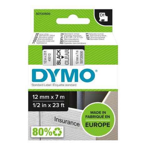 Dymo S0720500 Nastro D1 standard in poliestere per Labelmanager/Labelpoint, 12mm x 7m, nero su trasparente - C92DY6028