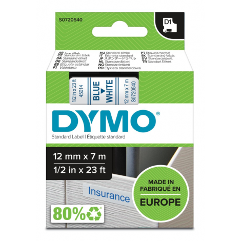 Dymo S0720540 Nastro D1 standard in poliestere per Labelmanager/Labelpoint, 12mm x 7m, blu su bianco - C92DY6033