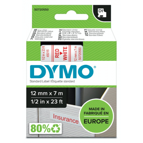 Dymo S0720550 Nastro D1 standard in poliestere per Labelmanager/Labelpoint, 12mm x 7m, rosso su bianco - C92DY6034