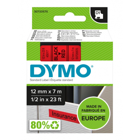 Dymo S0720570 Nastro D1 standard in poliestere per Labelmanager/Labelpoint, 12mm x 7m, nero su rosso - C92DY6036