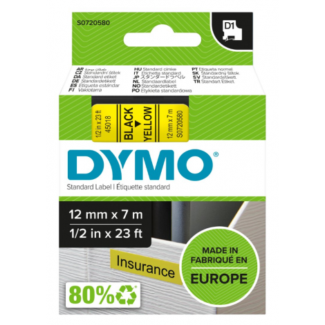 Dymo S0720580 Nastro D1 standard in poliestere per Labelmanager/Labelpoint, 12mm x 7m, nero su giallo - C92DY6037