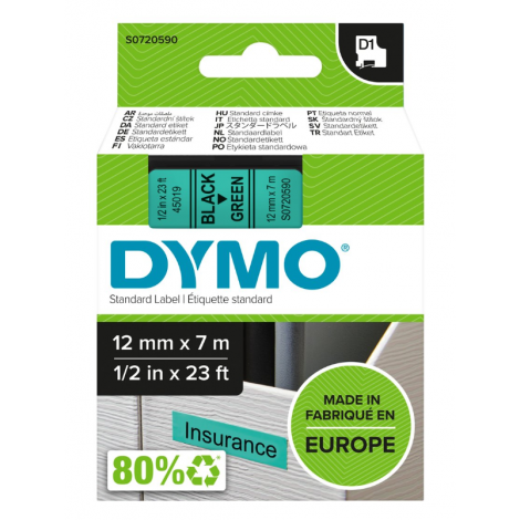 Dymo S0720590 Nastro D1 standard in poliestere per Labelmanager/Labelpoint, 12mm x 7m, nero su verde - C92DY6038