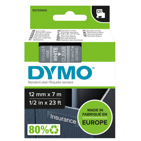 Dymo S0720600 Nastro D1 standard in poliestere per Labelmanager/Labelpoint, 12mm x 7m, bianco su trasparente - C92DY6039