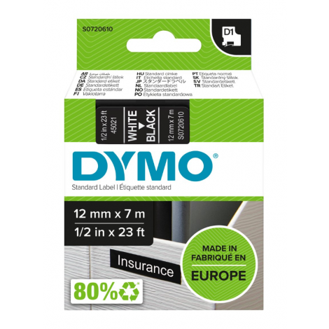 Dymo S0720610 Nastro D1 standard in poliestere per Labelmanager/Labelpoint, 12mm x 7m, bianco su nero - C92DY6040