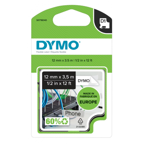 Dymo S0718040 Nastro D1 speciale in nylon con adesivo extra-strong per Labelmanager/Labelpoint, 12mm x 3,5m, nero su bianco - C92DY6070