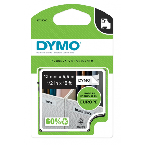 Dymo S0718060 Nastro D1 speciale in poliestere con adesivo extra-strong per Labelmanager/Labelpoint, 12mm x 5,5m, nero su bianco - C92DY6073