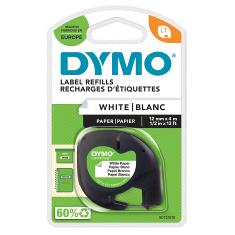 Dymo S0721510 Nastro LT in carta per Letratag LT-100T/LT-100H, 12mm x 4m, bianco - C92DY6314