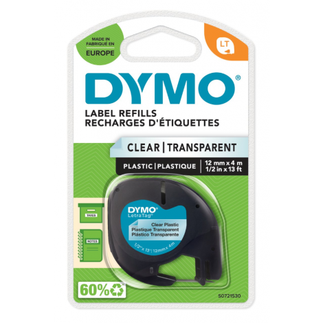 Dymo S0721530 Nastro LT in plastica per Letratag LT-100T/LT-100H, 12mm x 4m, trasparente - C92DY6316