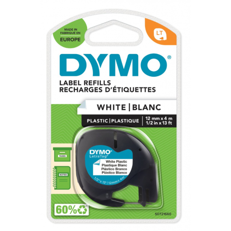 Dymo S0721660 Nastro LT in plastica per Letratag LT-100T/LT-100H, 12mm x 4m, bianco - C92DY6317