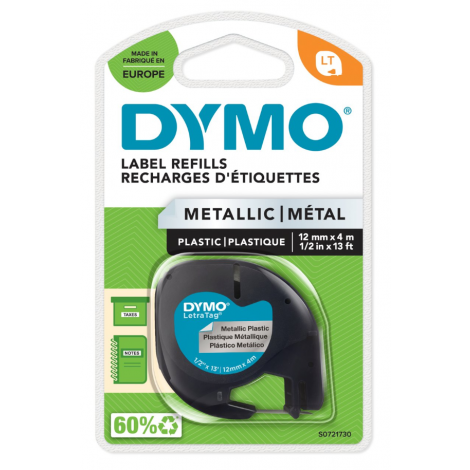 Dymo S0721730 Nastro LT metallico per Letratag LT-100T/LT-100H, 12mm x 4m, argento - C92DY6326