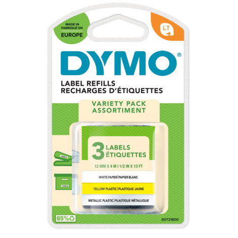 Dymo S0721800 Nastro LT starter kit bianco, giallo, argento per Letratag LT-100T/LT-100H, 12mm x 4m - 3pz - C92DY6330